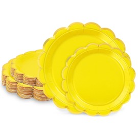 LIKAJON 50 Pcs Yellow Paper Plates, 25 Pcs 9" and 25 Pcs 7" Disposable Yellow Scalloped Plates with Gold Foil for Graduation Wedding Baby Shower Birthday Party Picnic BBQ