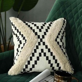MODERN HOMES (Set of 2) Boho Design Tufted Cotton Cushion Covers / Decorative Throw Pillow Covers (16x16 inch, Checkers)