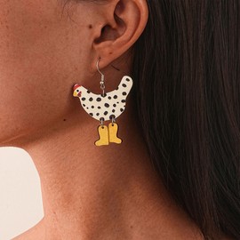 Chicken in Boots Dangle Earrings - Rooster in High Heels Drop Earrings - Funny Animal Earrings for Women-white yellow