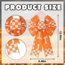 Glodecart 2PCS Tennessee Checkerboard Bow for Wreath Front Door, Orange White Letter T Tennessee Vols Wreath Bow for UT Football Fans Outdoor Tree Topper Decor Sports Party Supplies Hanging Ornament