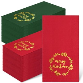Whaline Christmas Guest Napkins Gold Foil Wreath 3 Ply Disposable Napkins Merry Christmas Bathroom Napkins Red Green Guest Hand Towel Napkins for Xmas Party Supplies, 80Pcs