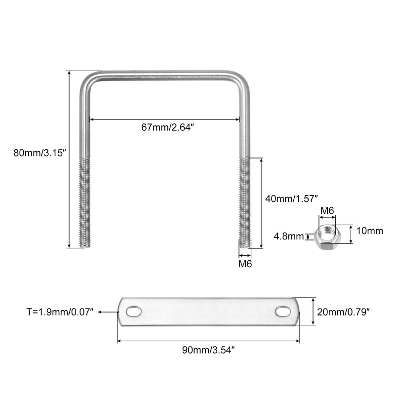 sourcing map Square U-Bolts, 3 Sets 67mm(2.64") Inner Width 80mm