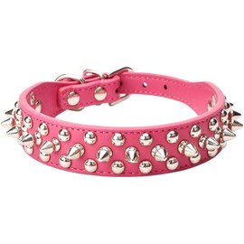 haoyueer Spiked Studded Dog Collar, Adjustable Pu Leather Puppy Collar for Small Medium Dogs Bulldog Pitbull Mastiff Poodle Boxer (M, Hot Pink)