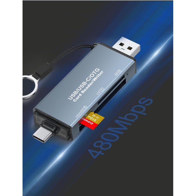 CF/SD/TF Card Reader, Aluminum USB-A and USB C Multi Memory