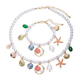 Winssigma Faux Pearl Necklace and Bracelet Set with Multiple Charms - Starfish, Seashell, Coral, Cherry, Strawberry and Camellia Costume Jewelry Set(Seashell Starfish)