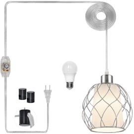 Ruzectt Plug in Pendant Light,Hanging Light with Plug in Cord,Silver Hanging Lamp with Dimmable Switch,15 ft Cotton Cord,Hanging Light Fixture for Kitchen Island Living Room Bedroom (Bulb Included)