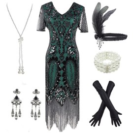 IWIWB Women's Roaring 20s V-Neck Gatsby Flapper Dresses with accessories set (XXX-Large, Style 4 Black&Green)