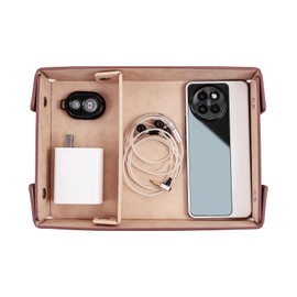 PU Leather Valet Tray Small NightStand Bedside Entry Table Trya with Partition for Phone Jewelry Glasses Keys and Coins Father's Day Birthday Gifts (Brown and Pink)