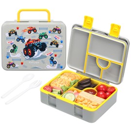 rockpapa 5 Compartment Bento Lunch Box for Kids, Leak Proof, Dishwasher Safe, BPA Free Materials, 47oz Snack Bento Box with Utensils & Handle for Boys Girls Ages 3+ (Grey Trucks)