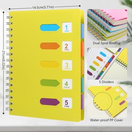 Spiral Notebook with Dividers, A5 Project Notebook Spiral Bound 240 Lined Page with Color Tab Yellow Plastic Cover College Ruled Wirebound Journal Notepad for Office Work School Subject Gifts-21x15cm