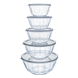 Luvan 5-Piece Glass Mixing Bowls Set with Lids - Clear Salad Bowls with Lids Set, Diamond Pattern Large Glass Mixing Bowl for Baking Prep, Serving & Storage