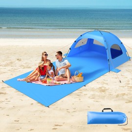 Beach Tent Sun Shelter with Extended Sand Mat 114×82inch，UPF 50+ Protection, 3 Double-Layer Windows for Enhanced Privacy; Portable Beach Shade, 3-4 People. Windproof and Waterproof
