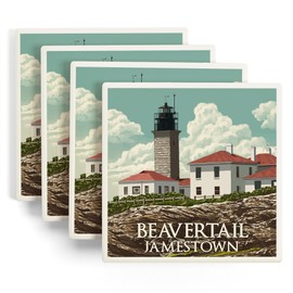 Jamestown, Rhode Island, Letterpress, Beavertail Lighthouse (Absorbent Ceramic Coasters Set of 4 Matching Images, Cork Back, Kitchen Table Decor)