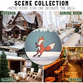 Round Wall Art Funny Winter Retro Round Tin Sign Fox Christmas Gift A Fox Skating in The Snow Backyard Garage Office Craft Room 12.00"x12.00"