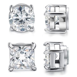 CASSIECA 2 Pairs Stainless Steel Magnetic Stud Earrings for Men Women Non Piercing CZ Hypoallergenic Non-Piercing Clip On Earrings Zirconia 5 mm / 6 mm / 7 mm, Stainless Steel