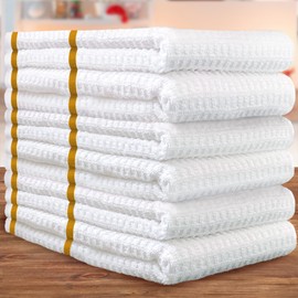 VOOVA & MOVAS White Dish Towels, Waffle Weave Kitchen Hand Towels 6PC - 100% Cotton | Soft | Absorb | Daily Use, Dish Towels for Kitchen，White Check with Yellow Stripe