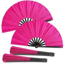 Qyeahkj 2 Pcs Glitter Hot Pink Hand Fan Large Folding Hand Fan Rave Clack Handheld Fans Chinese Tai Chi Kung Fu Fans for EDM Club Party Dance Performance Role Playing Concerts Supplies for Men Women