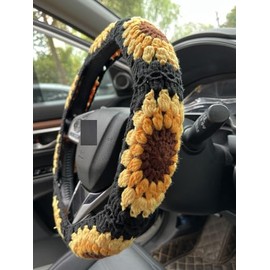 Handmade Crochet Sunflower Car Steering Wheel Covers Universal 14-15 inch for Women and Men (Black:Steering Wheel Cover)
