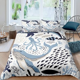 Whale Duvet Cover Marine Life Printed Bedding Set, Octopus Sea Turtle Decor Comforter Cover, for Teens Boys Girls Cute Sea Animal Pattern Bedspread Tropical Fish Decor Soft Quilt Cover, Queen Size