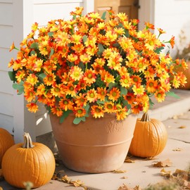 Ouddy Decor 12 Bundles Artificial Fall Flowers for Decoration, Fake Mums Silk Daisy Flowers UV Resistant Faux Plants for Outdoor Indoor Garden Fall Autumn Harvest Thanksgiving Home Decor, Orange