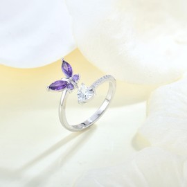 Vemhel Butterfly Ring 925 Sterling Silver Open Adjustable Bypass Ring Heart Created Aquamarine Jewelry Gift for Women