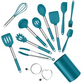 Silicone Cooking Utensils Set, E-far 14-Piece Blue Kitchen Utensils Set with Holder, Kitchen Tools Spatulas with Stainless Steel Handle for Non-stick Cookware, Heat Resistant & Dishwasher safe