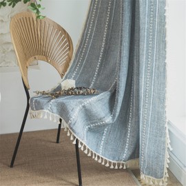 Sutuo Home Blue Boho Curtains for Bedroom Living Room, Semi-Blackout French Country Striped Linen Vintage Shabby Chic Tassels Hollow Window Treatment Bohemian Drape, 1 Panel 52" W x 96" L