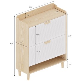 GDFStudio Narrow Shoe Cabinet with 2 Flip-Up Doors,Nordic Freestanding Entryway Shoe Organizer,Space-Saving Shoe Rack with Solid Wood Legs,White & Natural Finish,Easy Assembly