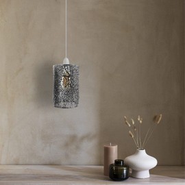 Brushed Silver Metal Forest Design Pendant Light Shade The Light Escapes Through The Gaps and Casts The Forest Against The Table, Ceiling Drum Lamp for Dining Room Bedroom Loft Hallway