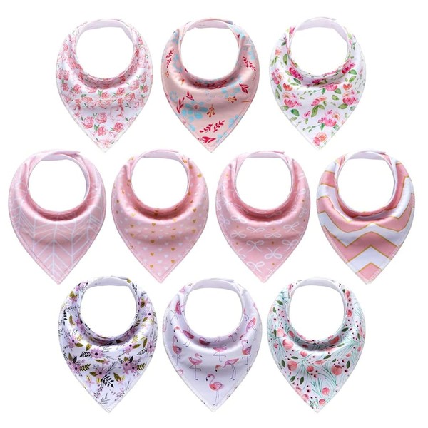 Newthinking Girl Dribble Bibs, 10 Pack Baby Bandana Bibs with Adjustable Snaps, 100% Cotton Girls Baby Drool Bibs for 6-24 Months Newborn and Toddlers, Pink