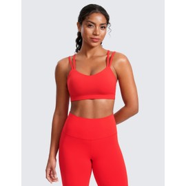 CRZ YOGA Softness Mold Butterluxe V Neck Sports Bras for Women - Workout Top Double Spaghetti Straps Wireless Yoga Clothes Deep Red Small
