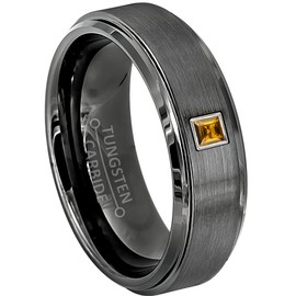 6mm Brushed Gunmetal Tungsten Carbide Wedding Band with 0.05ctw Princess Cut Citrine Tungsten Ring - Comfort Fit Tungsten Anniversary Ring - RG Bezel