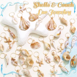 VENOFEN 38PCS Shell Hair Jewelry for Braids Acrylic Starfish Conches Loc Dreadlock Charms Brown White Beach Hair Accessories Sets for Women Girls