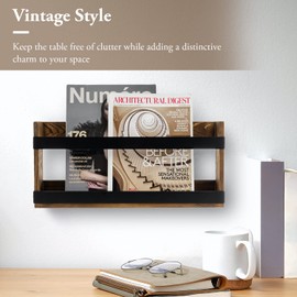 MyGift Rustic Burnt Solid Wood and Industrial Matte Black Metal Magazine Display Rack, Wall Mountable Double Wide Book Holder or Standing Organizer