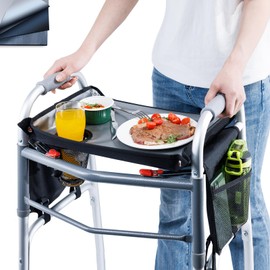 BAGSFY Walker Tray w/Side Pocket for Folding Walkers – Walker Accessory for Seniors with Cup Holder, Non-Slip Mat, and Easy Installation – Universal Fit Walker Table for Meals, Drinks, Reading