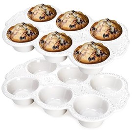 Hiceeden Pack of 2 6 Cups Ceramic Muffin Mould Non-Stick Cupcake Baking Moulds with Handle Ceramic Muffin Mould with Embossed Pattern for Muffin Cupcake White