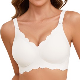 Lonya Bra Women's Without Underwire Push Up Seamless V-Neck Bra Large Breasts Strong Hold Comfortable Seamless Bustier Bralette Wavy Edges Bra, White