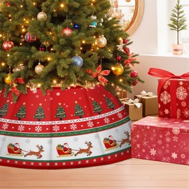 Christmas Tree Collar 25.6", Red Velvet Folable Christmas Trees Ring Skirt, Santa Claus Reindeer Snowflaks Base Stand Cover for Xmas Eve New Years Party Holiday