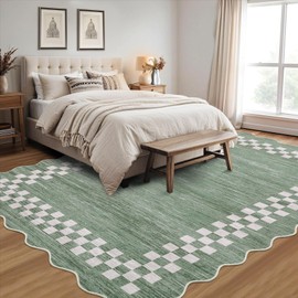 GarveeHome 4x6 Area Rug Small Washable Living Room Rug Scalloped Rug with Rubber Backing Stain Resistant Low Pile Dining Room Throw Carpet Modern Bordered Mat for Bedroom Kitchen, Green