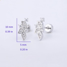 20G Crystal Leaf Cartilage Tiny Stud Earrings Stainless Steel CZ Leaves Flower Screw Flat Back Tragus Helix Studs Earring for Women Girls Men Dainty Hypoallergenic Jewelry Gifts (White Gold)