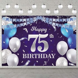 Happy 75th Birthday Banner Backdrop Navy Blue Balloons Confetti Stripe Flag Light Spots Cheers to 75 Years Old Theme Decorations Decor for Women Men 75th Birthday Party Bday Supplies Glitter Silver