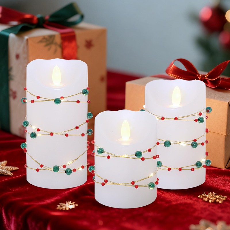 Holiday Flameless LED Candle Christmas Candles with Red Green Beads