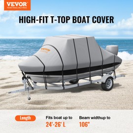 VEVOR T Top Boat Cover 24-26 ft Waterproof Trailerable T-Top Boat Cover, 600D Marine Grade PU Oxford, with Windproof Buckle Straps, for Center Console Boat with T Top Roof, Fits 24'-26'L x 106"W, Grey