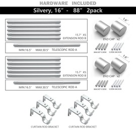 Modern Curtain rods for windows 16 to 88 Inches Adjustable Length, 1 Inch Heavy Duty Curtain Drapery Rod, Decorative Curtain Rod Set for Bedroom, Living room, Kitchen, Silver, 2 Pack