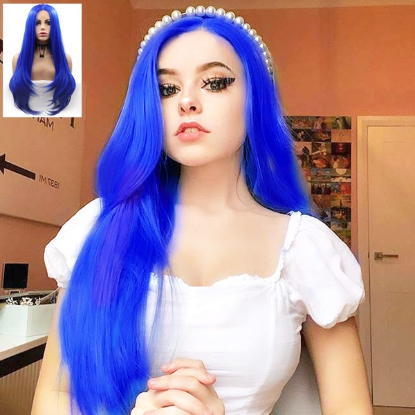 Blue Lace Front Wig Long Jewelry Blue Long Hair Natural Hairline Realistic Wigs for Women Glueless Synthetic Heat Resistant Fiber for Women Daily Wigs