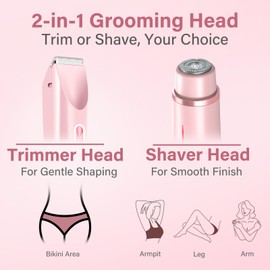 2-in-1 Women's Electric Razor & Bikini Trimmer - Painless Smooth Shave & Gentle Pubic Hair Removal - Dual Ceramic Blades, IPX7 Shower-Proof - Cordless for Sensitive Skin