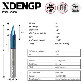 XDENGP - Broca de ranurado de 30 grados en V, fresa de extremo de chaflán CNC de carburo, 3 flautas, vástago de 1/4 pulgadas con revestimiento NACO, brocas de tallado CNC para grabado y biselado de