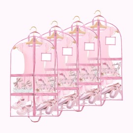 4 Pack Dance Garment Bags for Hanging Clothes - Clear PVC Garment Bag with 4 Zipper Pockets and 1 Large Back Zippered Pocket - Waterproof Dance Bag for Travel, Dance Costume Storage
