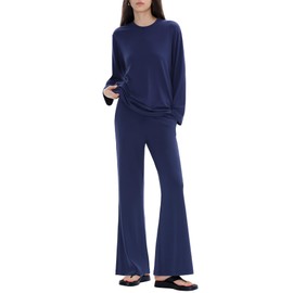 C202 Womens Loungewear Set 2 Piece Pajamas Matching Sets Long Sleeve Crewneck T Shirts Wide Leg Pants Casual, Midnight Medium