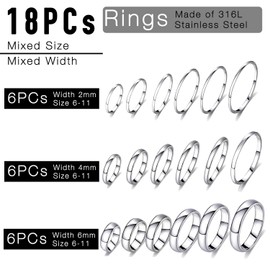 stino 18Pcs Non Tarnish Silver Rings Set for Men & Women, 316L Stainless Steel Wedding Band Rings Bulk 2mm 4mm 6mm (Silver)